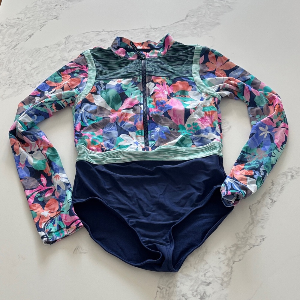 Athleta Kids Floral Long Sleeve Bodysuit - Blue and Pink